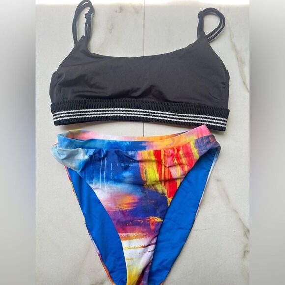 New Becca high waist multi print black knot tie stripe bikini set - Picture 1 of 4